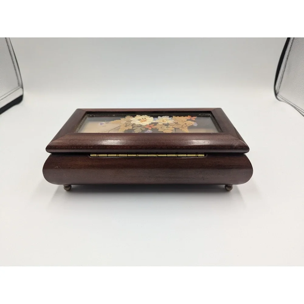 Vintage Wood Music Jewelry Box Brown Dried Flower Glass Inset Brass Feet Works